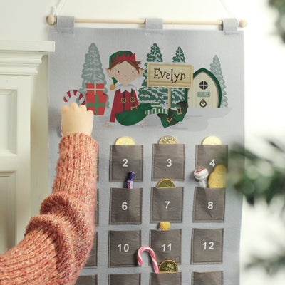 Personalised Felt Elf Advent Calendar In Silver Grey