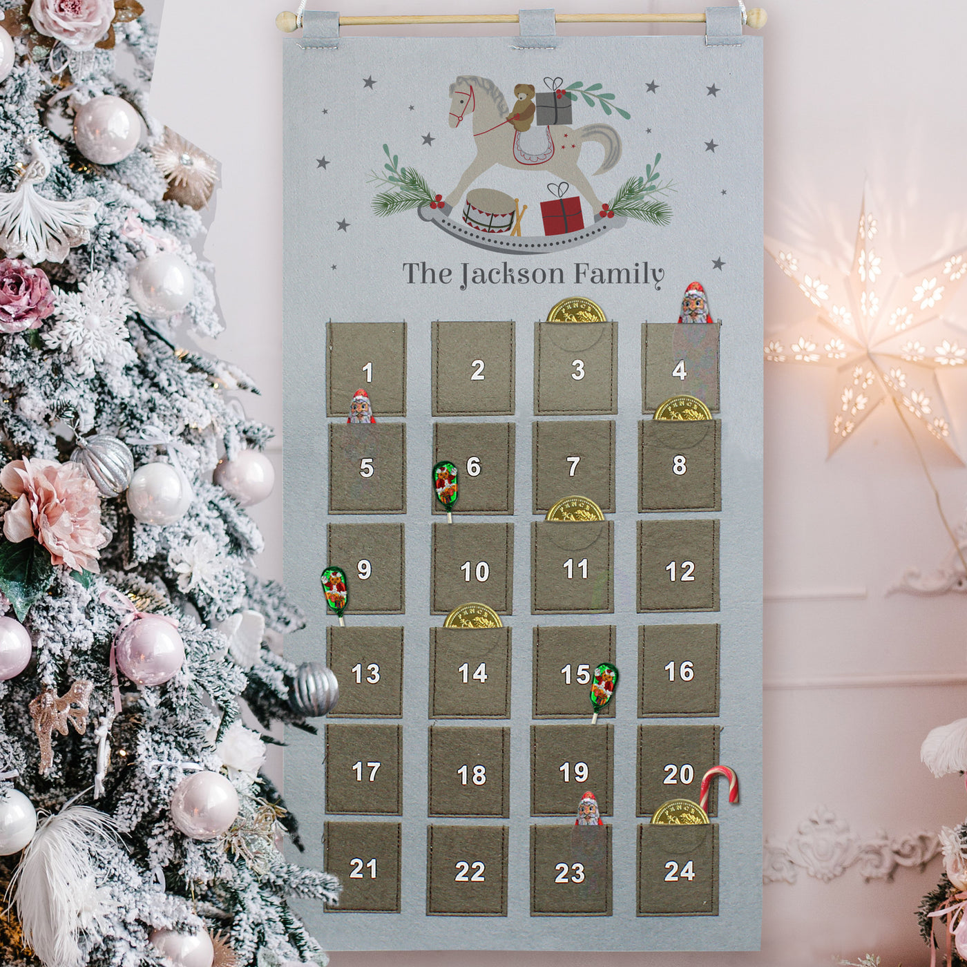 Personalised Felt Rocking Horse Advent Calendar In Silver Grey