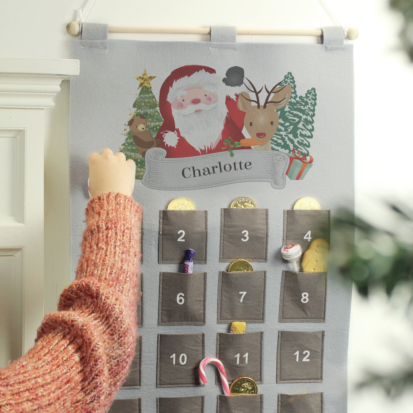 Personalised Felt Santa Advent Calendar In Silver Grey