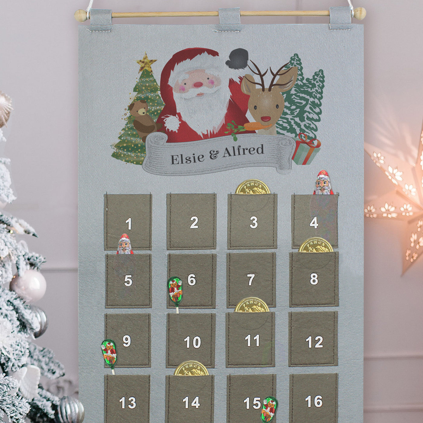 Personalised Felt Santa Advent Calendar In Silver Grey