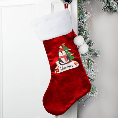 Personalised Christmas Penguin Red Stocking