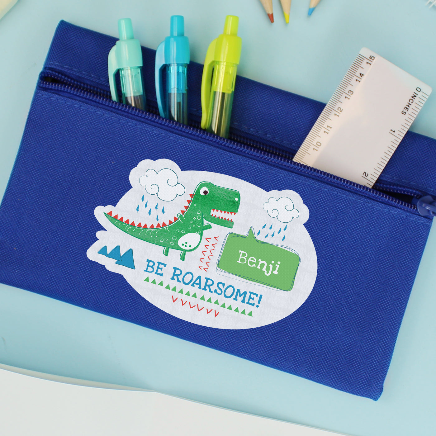 Personalised 'Be Roarsome' Dinosaur Blue Pencil Case