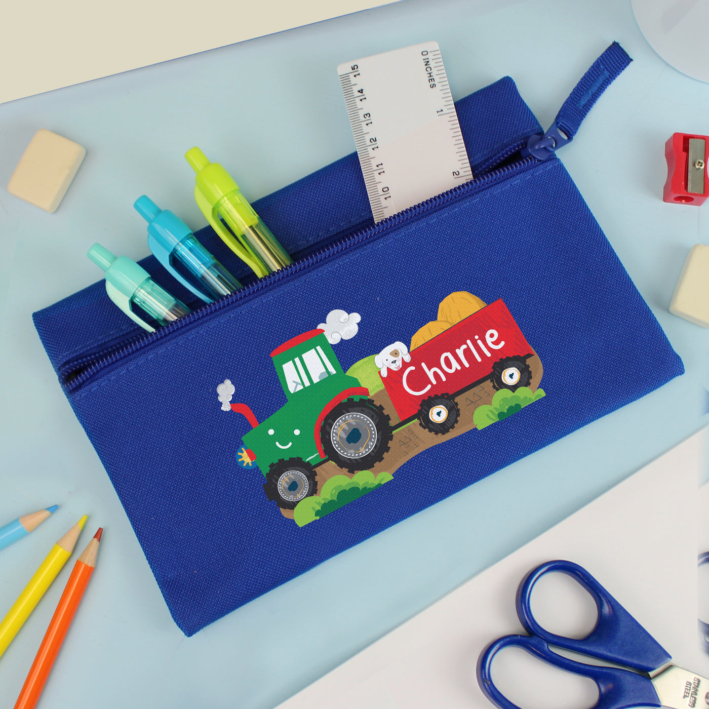 Personalised Tractor Blue Pencil Case