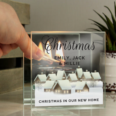 Personalised Christmas Village Mirrored Glass Tea Light Candle Holder