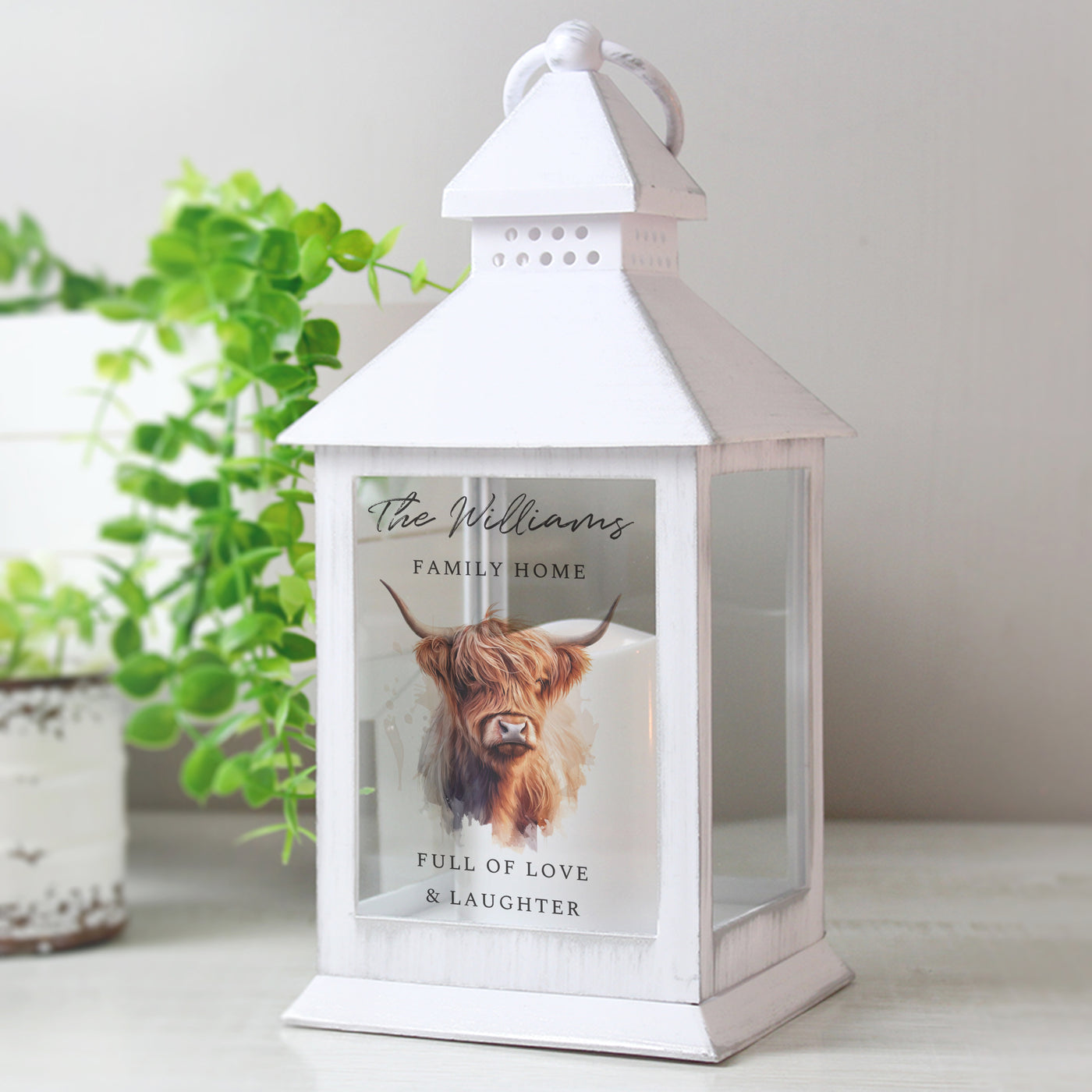 Personalised Highland Cow White LED Lantern