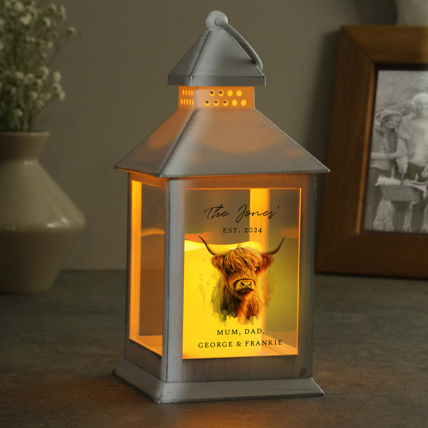 Personalised Highland Cow White LED Lantern