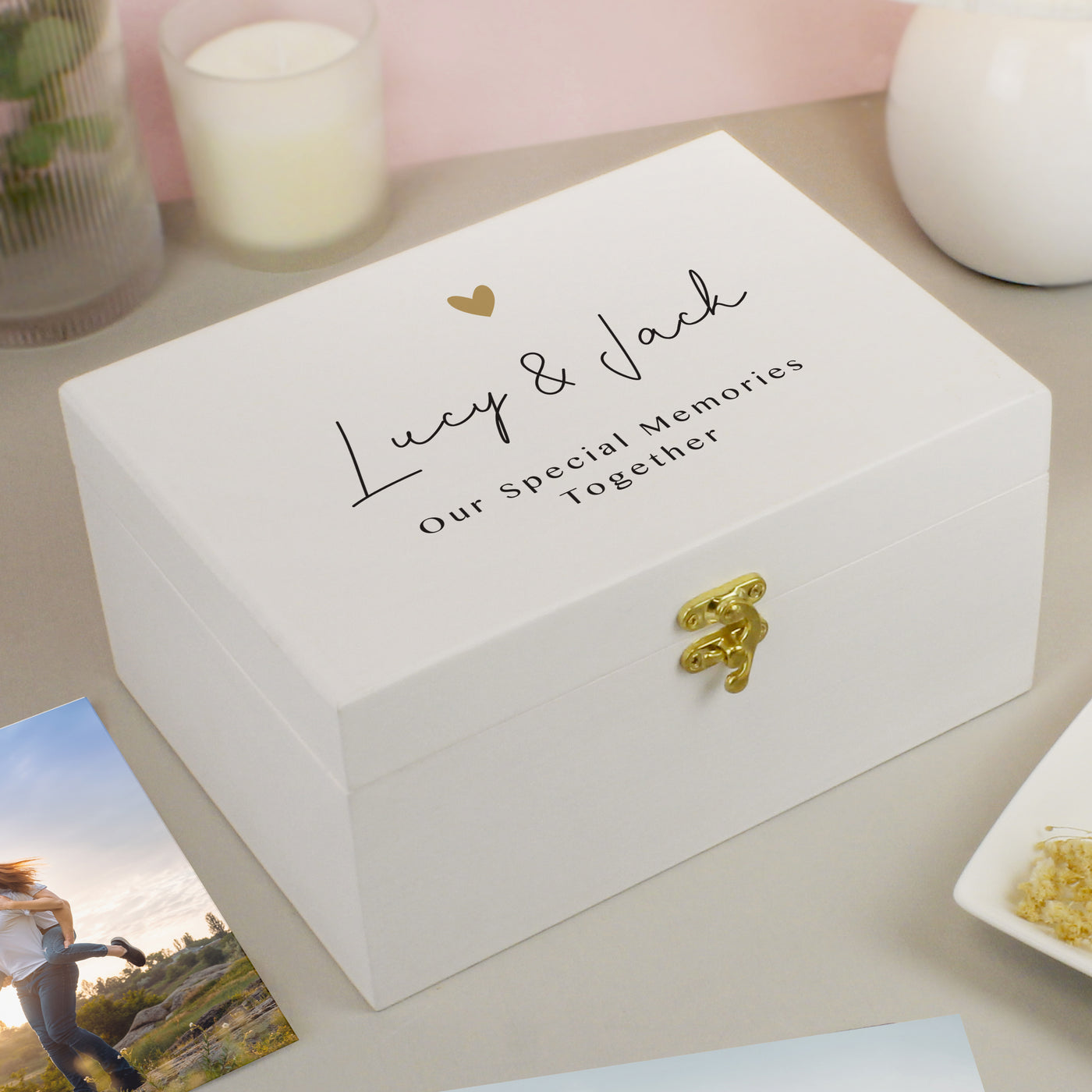 Personalised Gold Heart White Memory Box